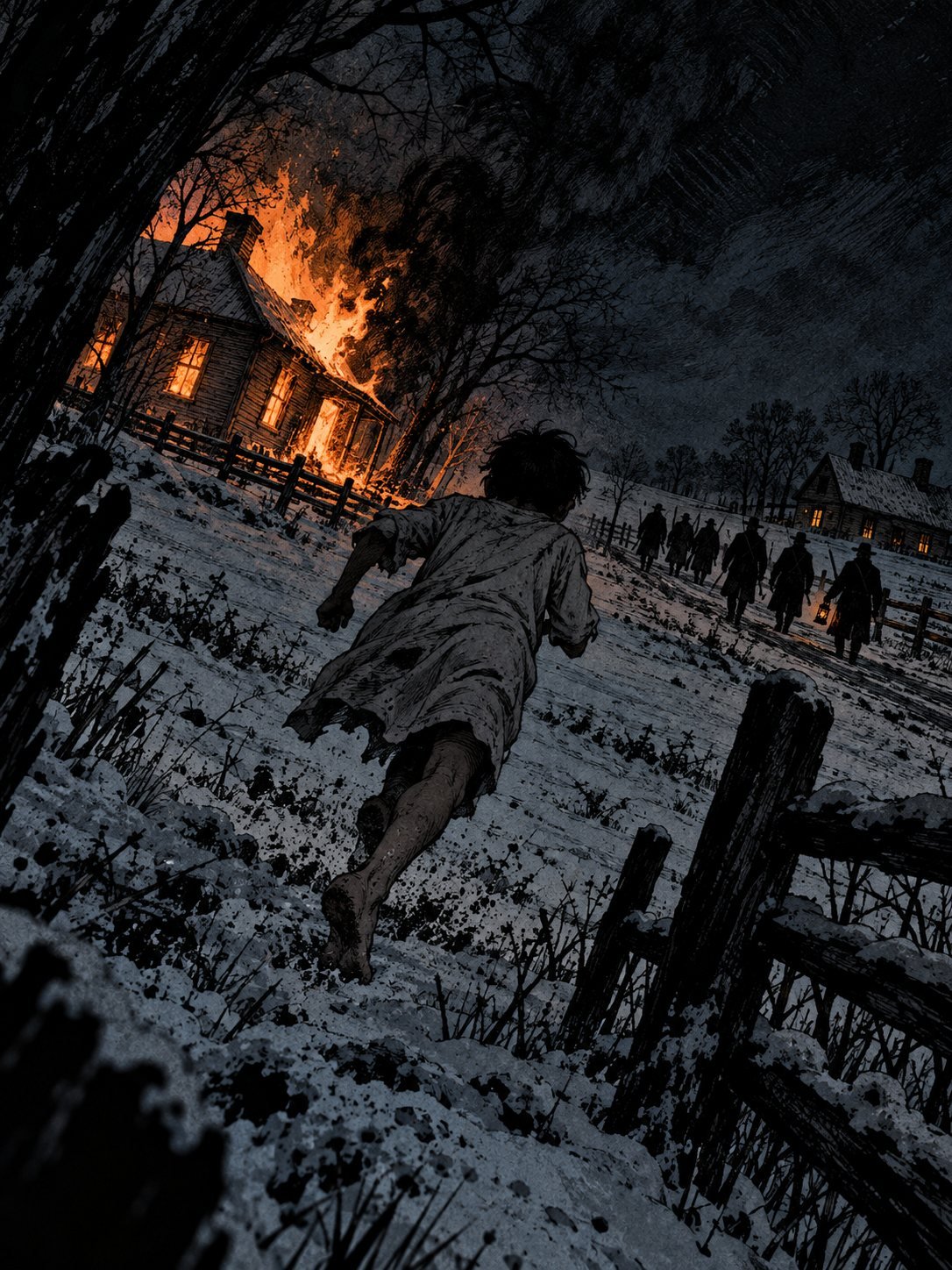 A barefoot boy runs across the snow away from a burning farmhouse as a line of men walks away down the road