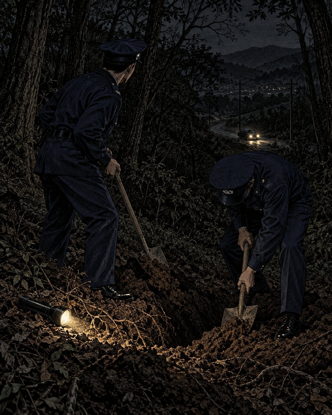 Two police officers shovel dirt into a hole on a dark wooded hillside by the light of a flashlight