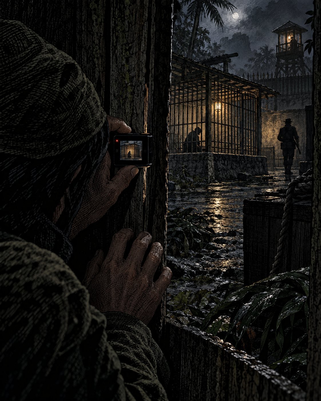 A hand holds a small camera against a gap in a wooden wall, filming a barred cage across a dark compound