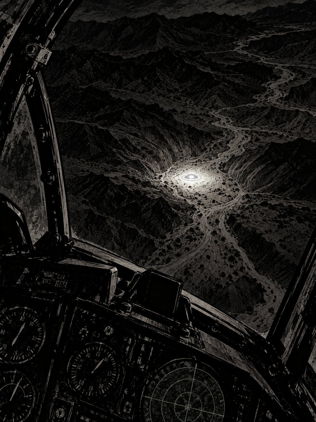 Looking down from a fighter at night: black hills and a dry riverbed far below. A bright glowing light has settled softly on the ground, lighting a perfect circle around it