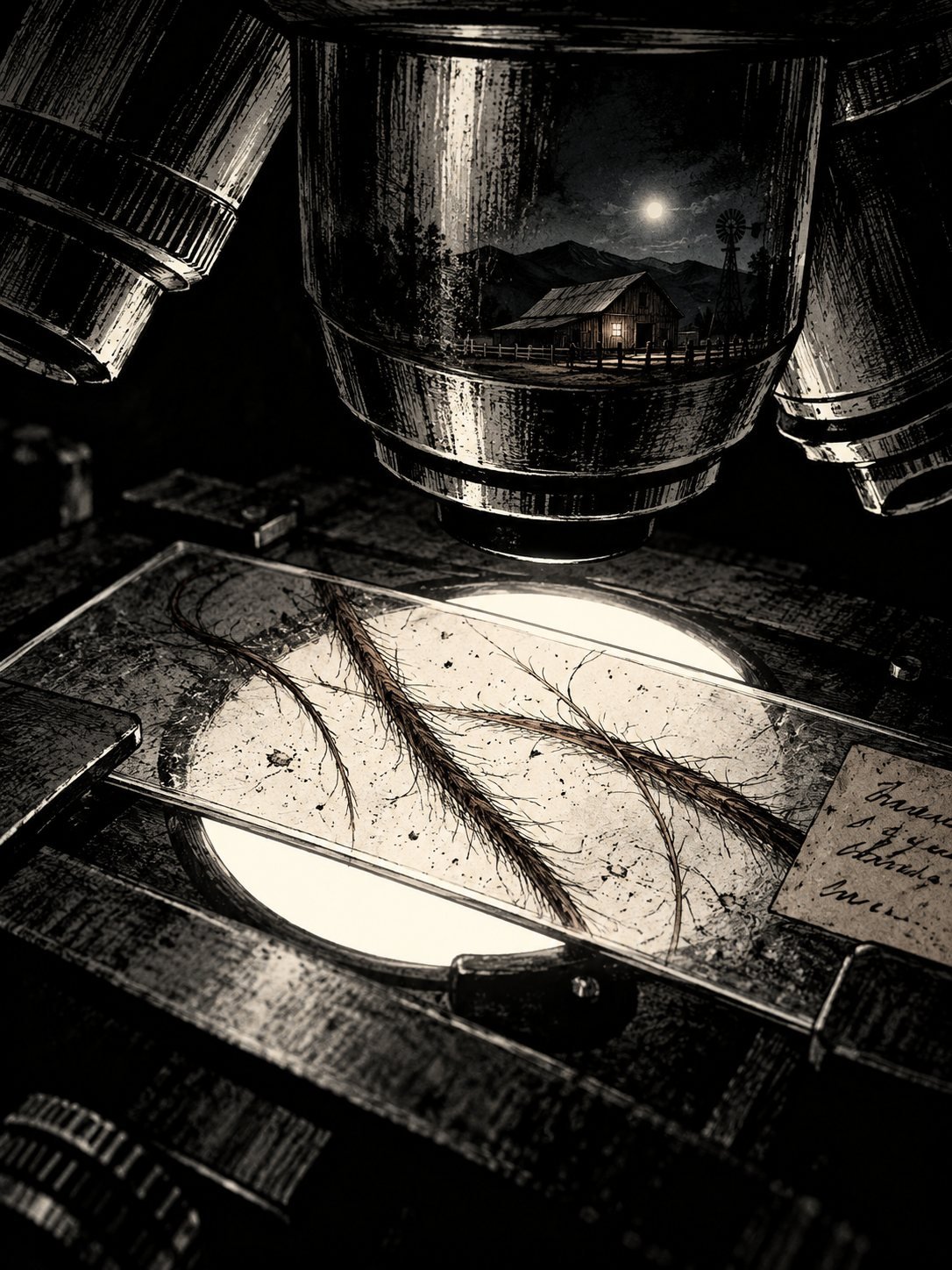 A glass microscope slide holding a few coarse dark hairs, under a harsh lamp in a lab. A label drawn as illegible strokes