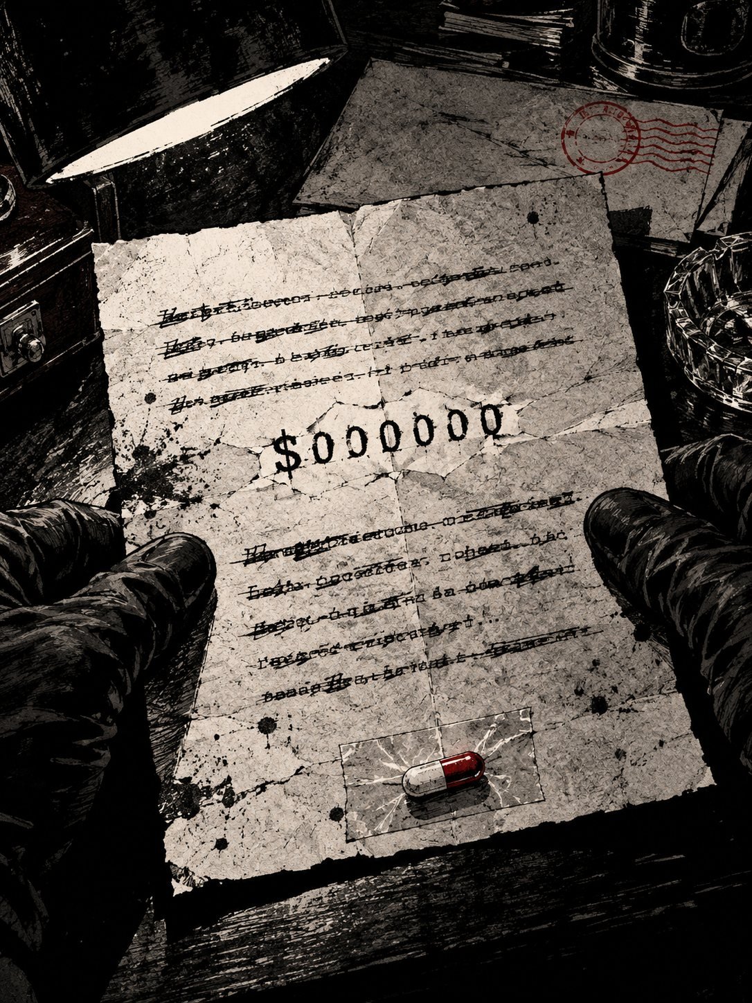 A typed ransom-style letter on cheap paper, gloved hands holding the corners flat. The only words that can be read are a dollar sign and a row of zeros, typed so hard the paper is