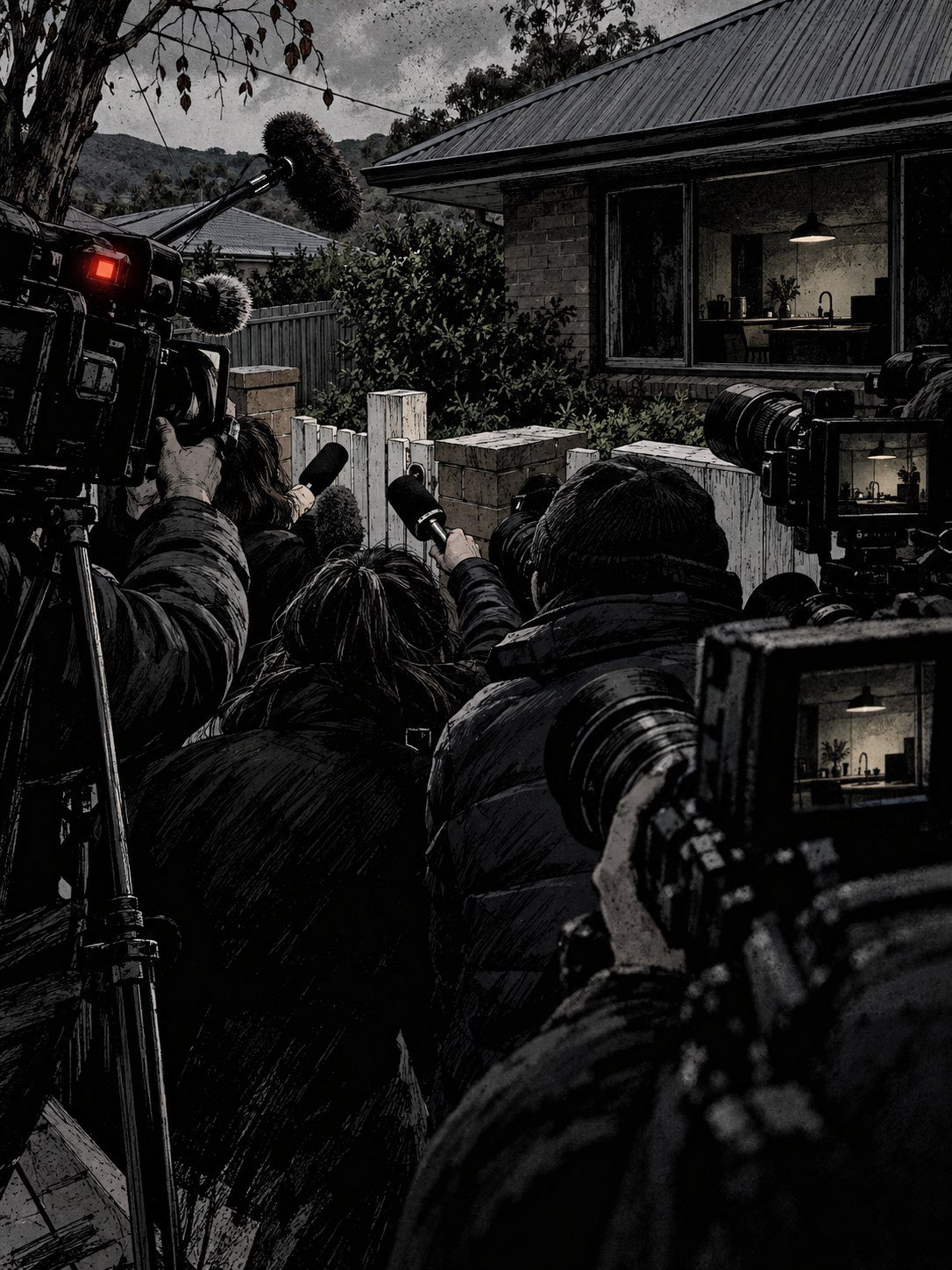 A crowd of reporters and cameras pushed toward a front gate outside a brick house