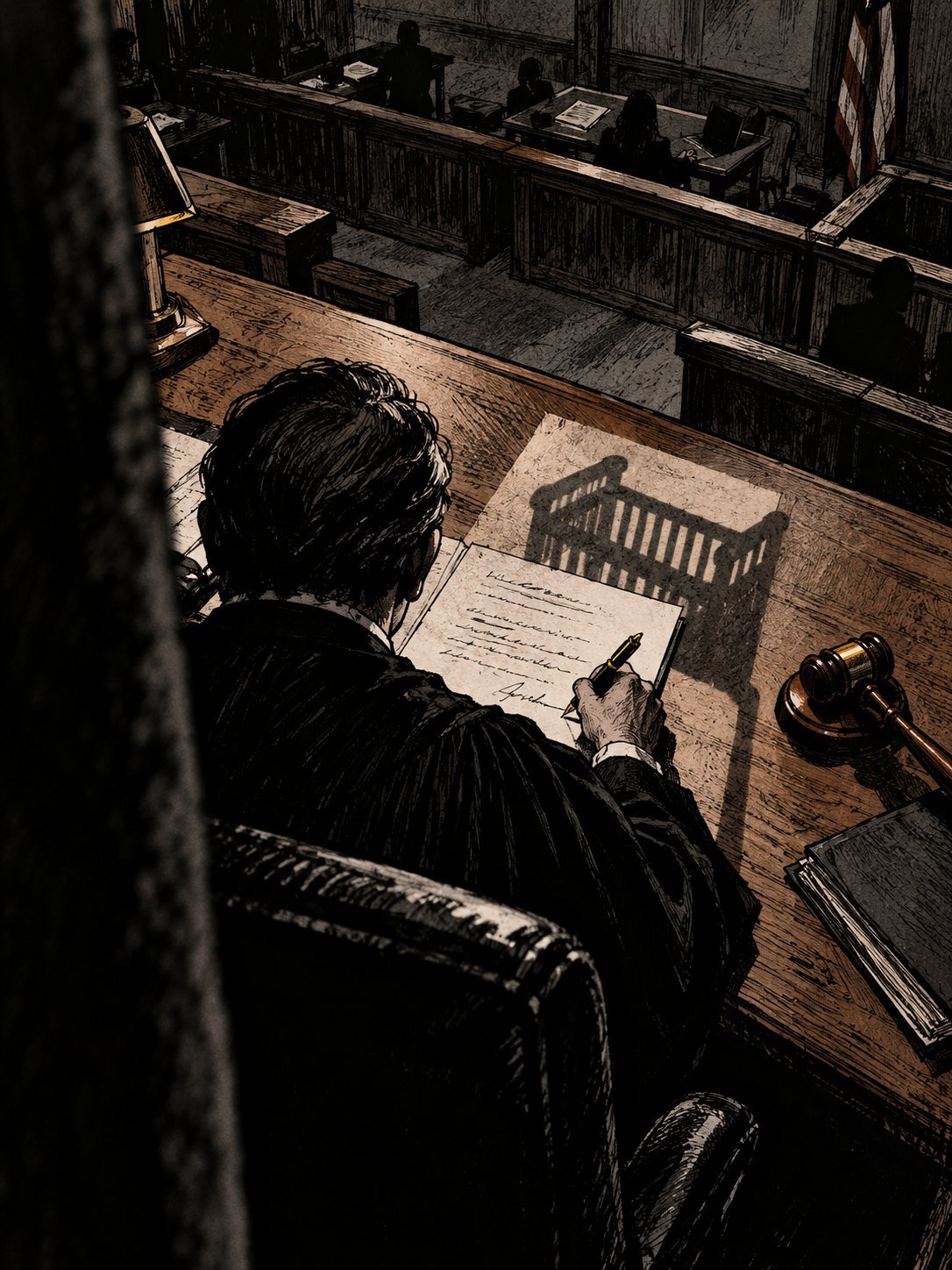 June 2024: a judge seen from behind at the bench, signing a ruling, a gavel beside it