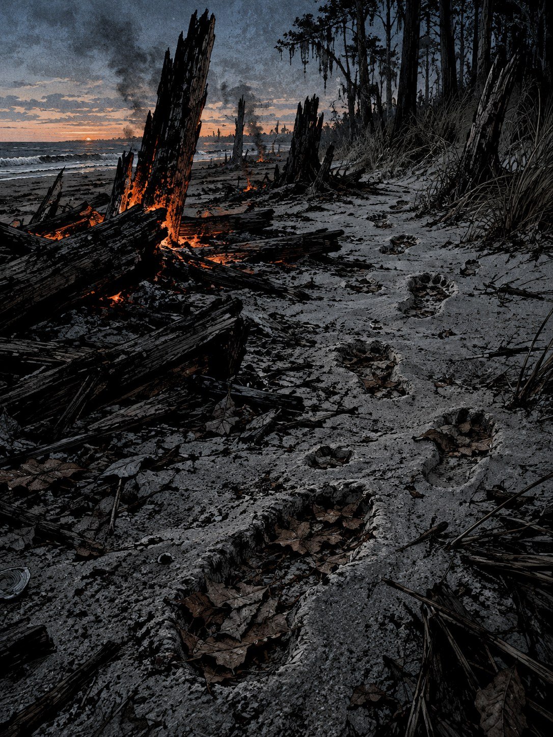 Smouldering tree stumps on a sandy shore at daybreak beside fresh bare footprints