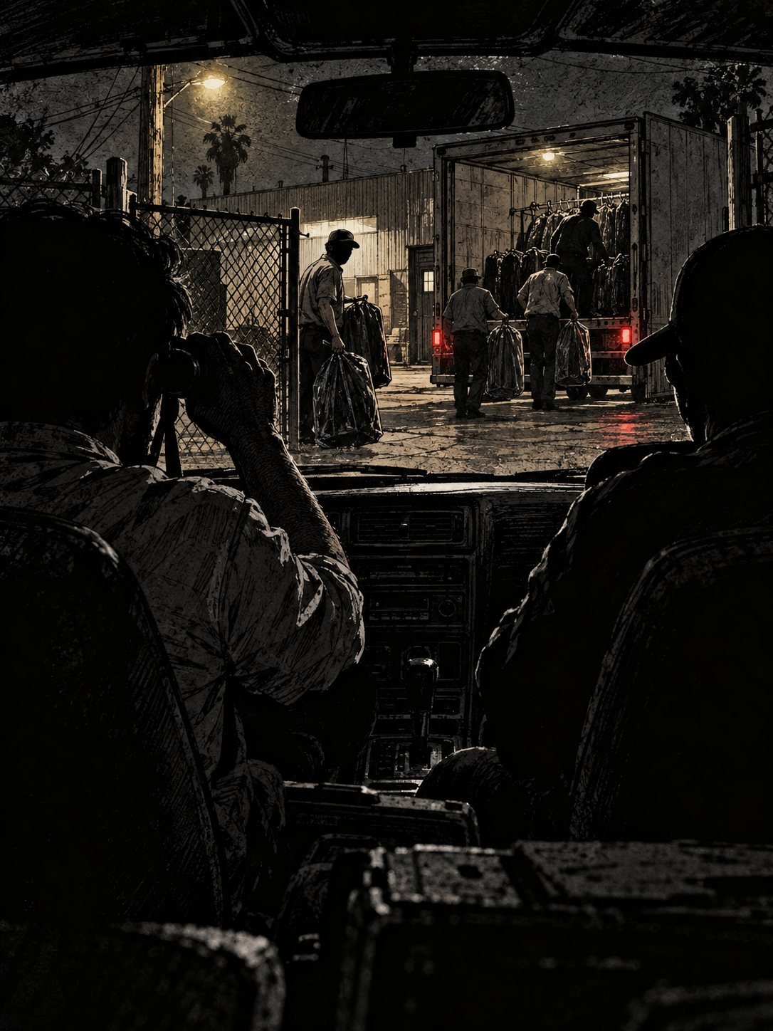 Two investigators watch from a parked car as men load garment bags onto a truck at night