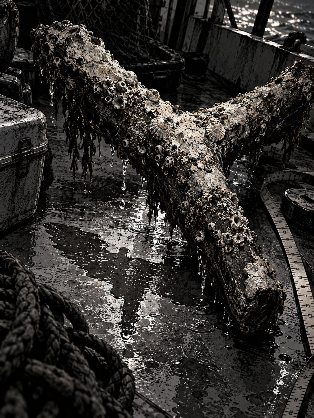 On the deck of the boat, a dripping Y-shaped length of old tree trunk coated in a pale mineral crust, with sea life clinging to it. A measuring tape lies beside it