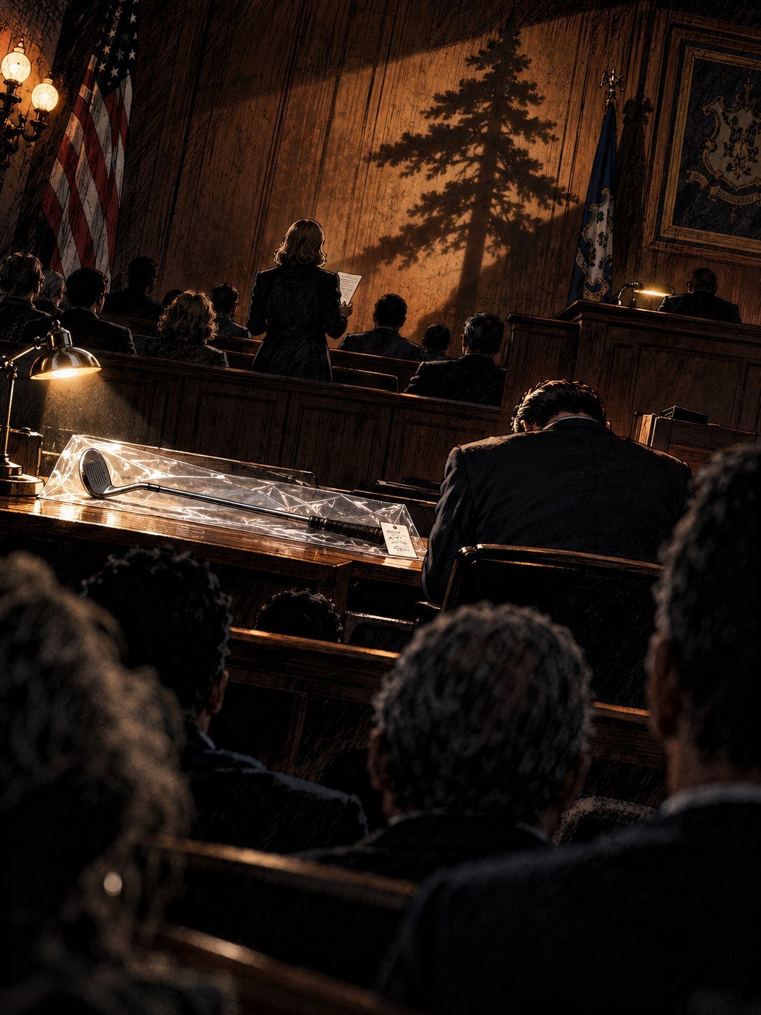 2002, a Connecticut courtroom: a crowded gallery seen from behind, a jury box beyond, a man in a suit at the defense table seen from behind, head bowed