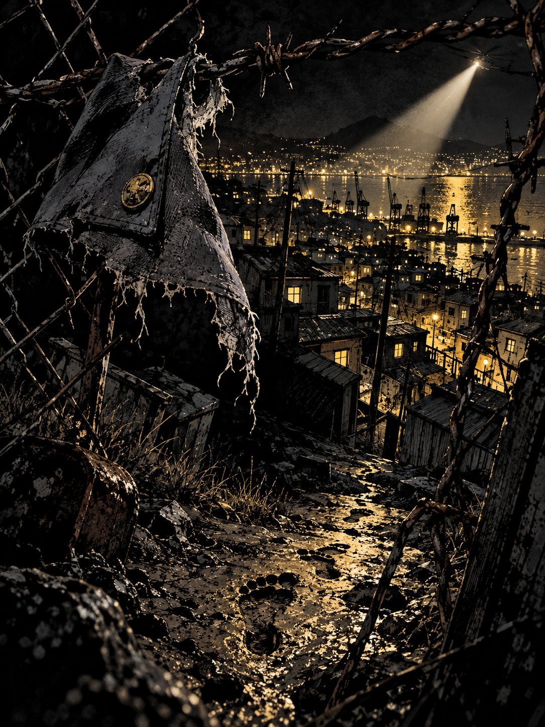 A torn scrap of grey uniform caught on barbed wire, with footprints leading toward Busan's lights