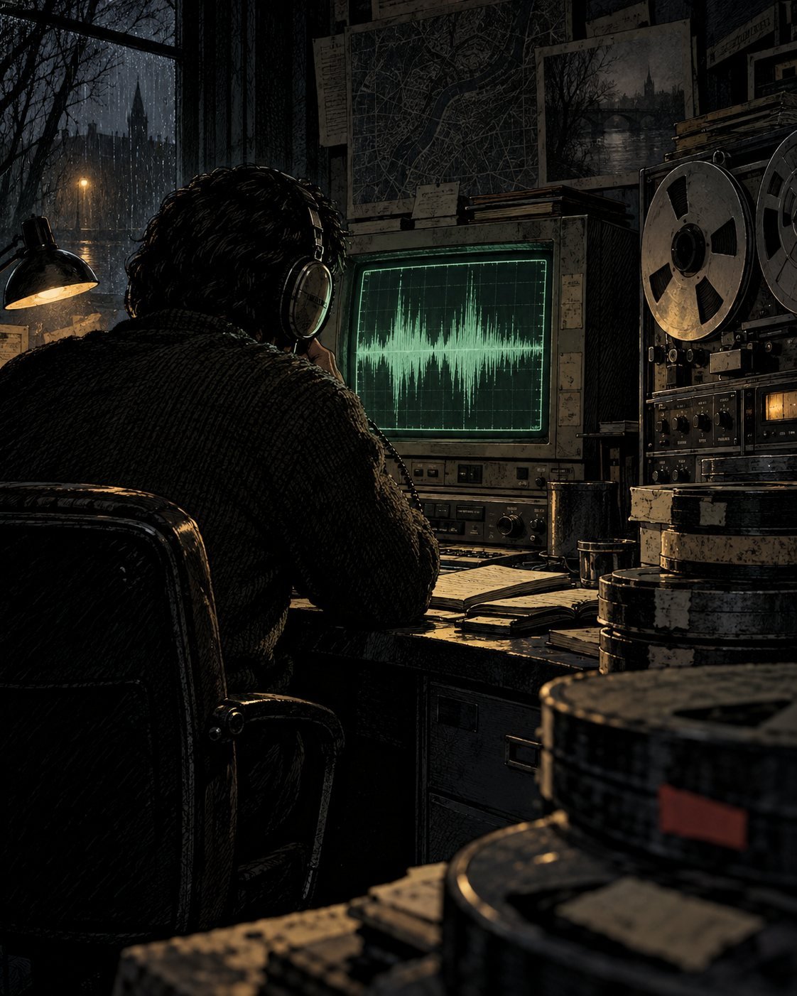 A technician in headphones studies a green voiceprint waveform on an old monitor beside reel-to-reel tape machines