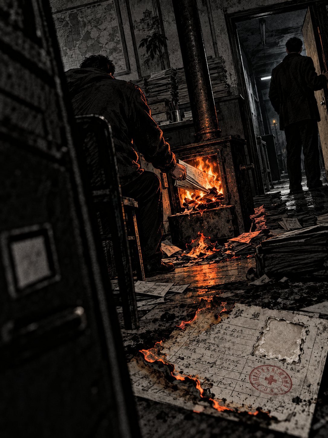 A man feeds papers into an office stove as another watches the door, a half-burned form with a torn-out photo on the floor