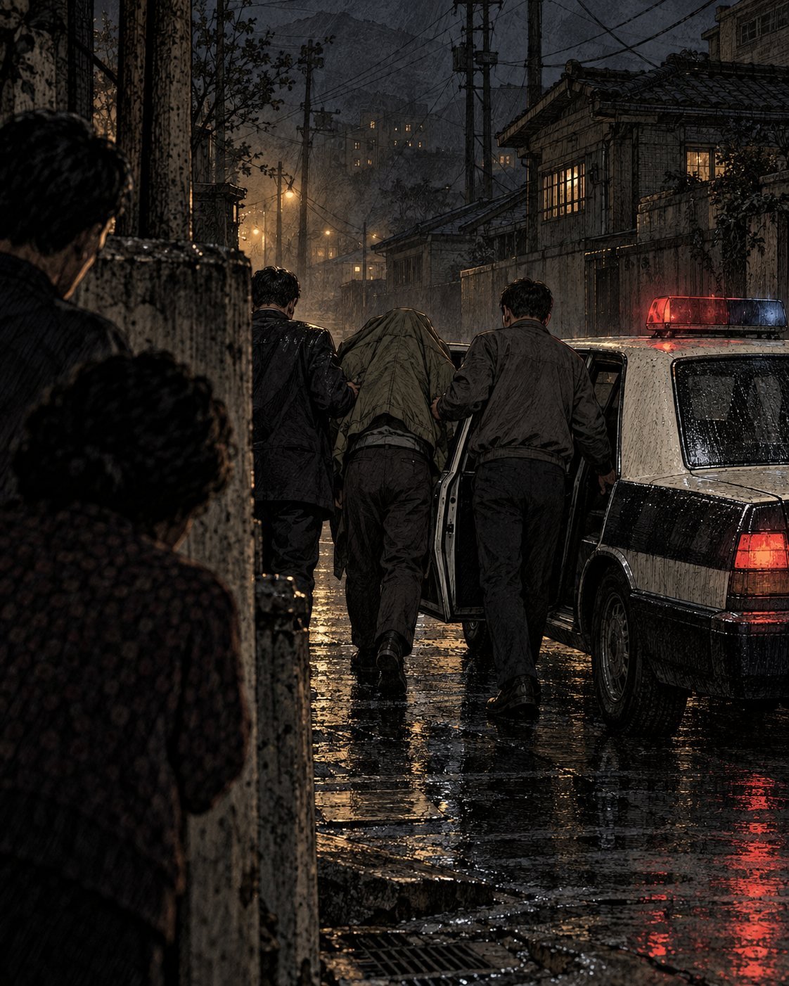 Police push a man with a jacket over his head into a patrol car on a rainy night street