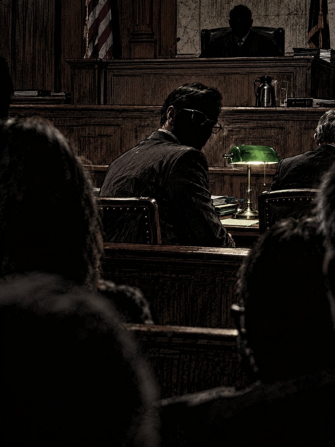 A 1980s courtroom. A thin man with glasses sits at the defence table, seen only from behind, perfectly still
