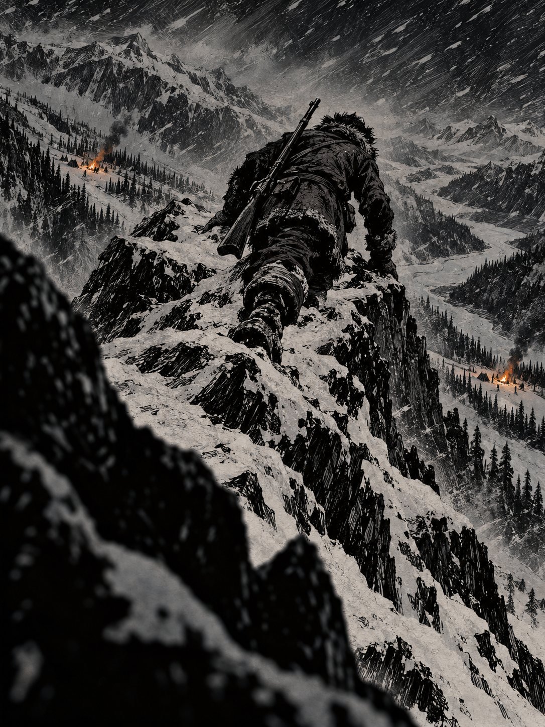 A man with a rifle on his back climbs a mountain ridge in a blizzard between two distant campfires