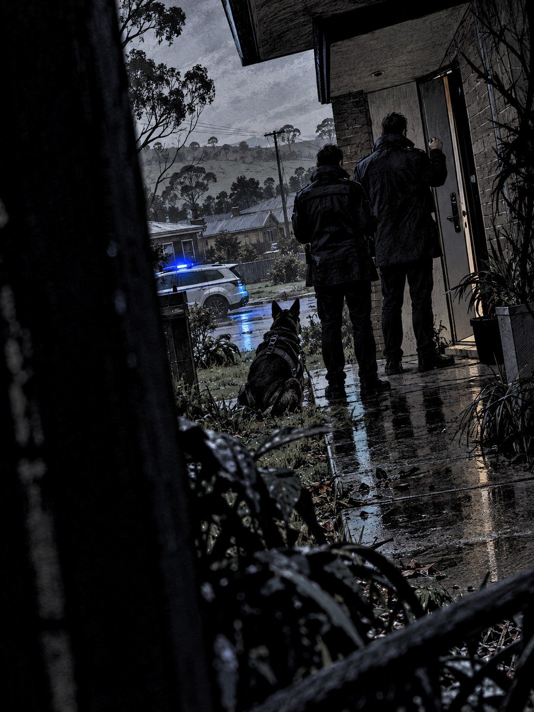 Detectives seen from behind at a front door with a search dog on the wet lawn and a police car