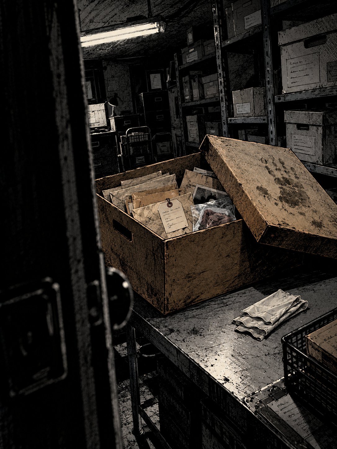 2008, a police evidence storage room: a dusty banker's box pulled from a high shelf, open on a table under fluorescent light, old paper envelopes inside