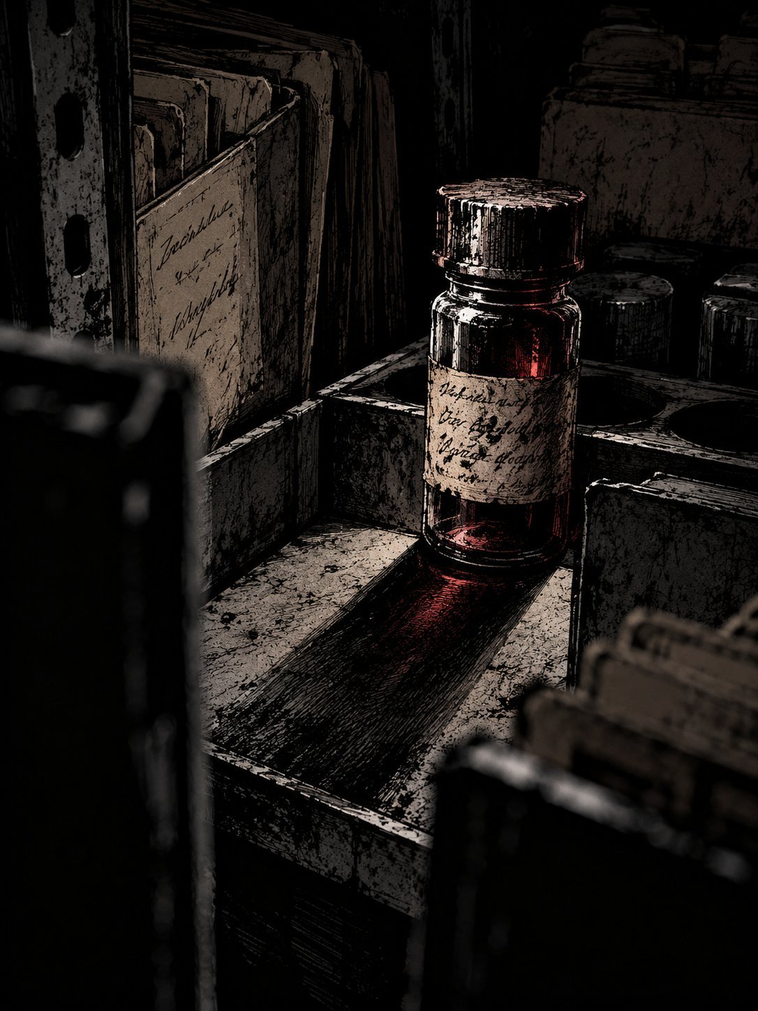 A small old glass vial of blood with a faded label in a dark evidence locker