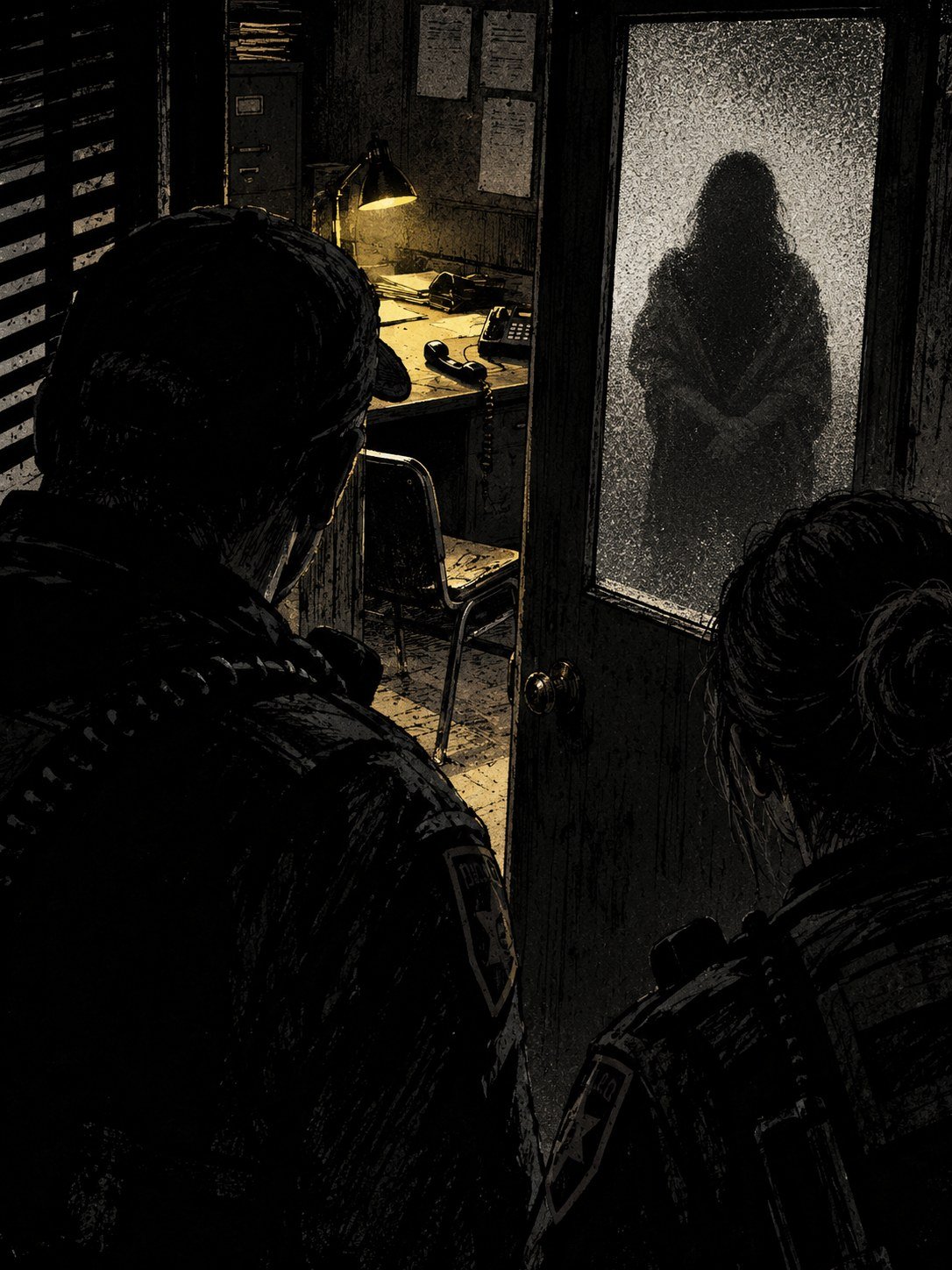 A small municipal office at night: a woman seen only as a silhouette behind frosted glass, wrapped in a blanket, two officers seen from behind outside the door, a desk phone off it