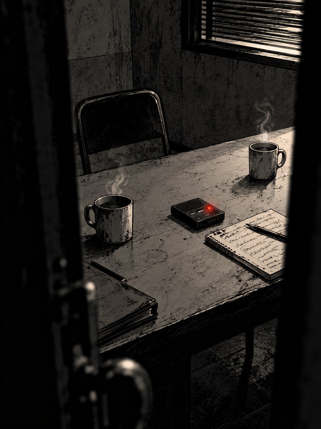 An interview room table with two steaming cups and a recorder