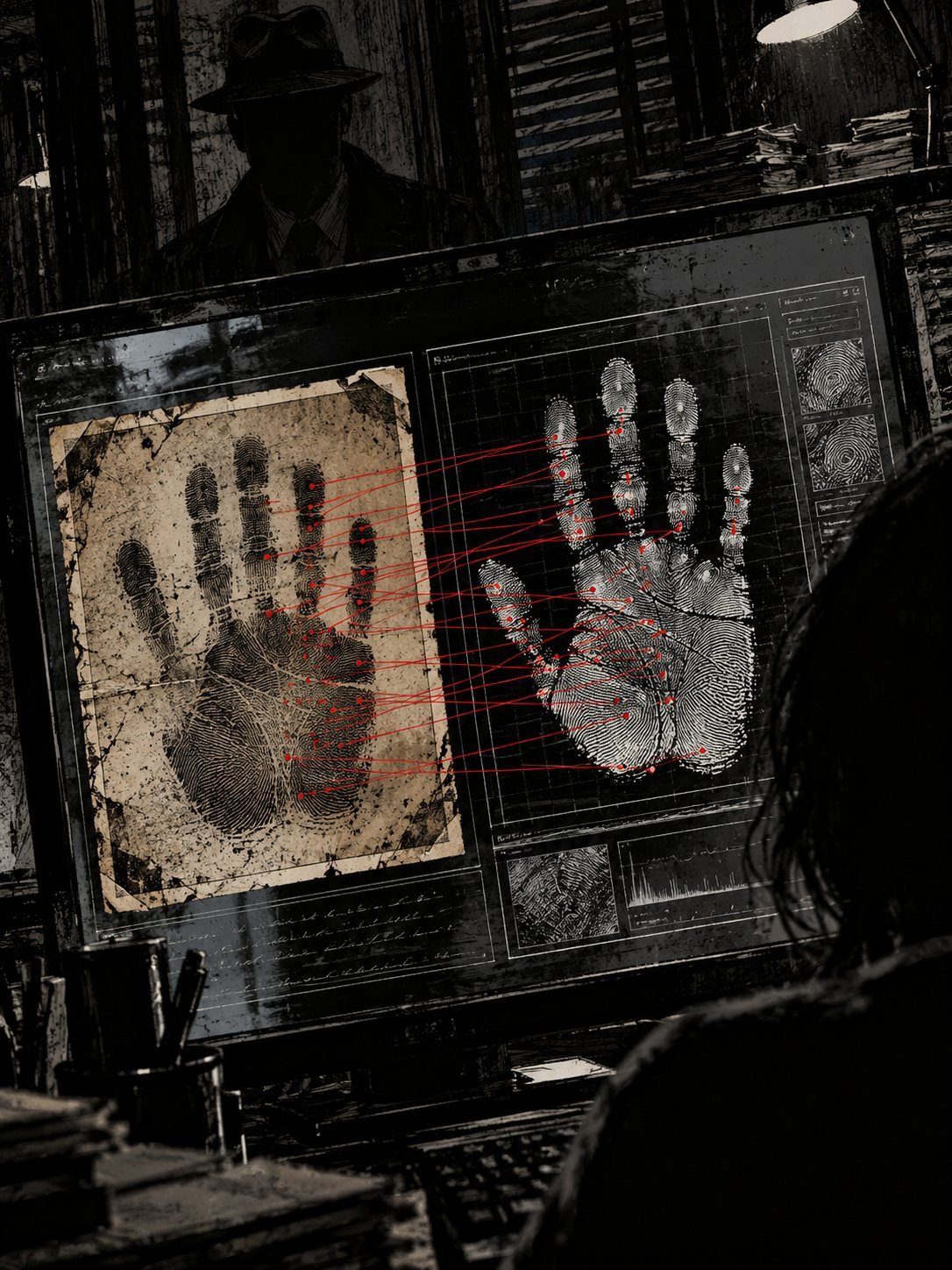 Two palm prints side by side on a monitor, one a yellowed 1967 photograph, one a crisp modern scan, joined by dozens of red lines. The screen fills the frame