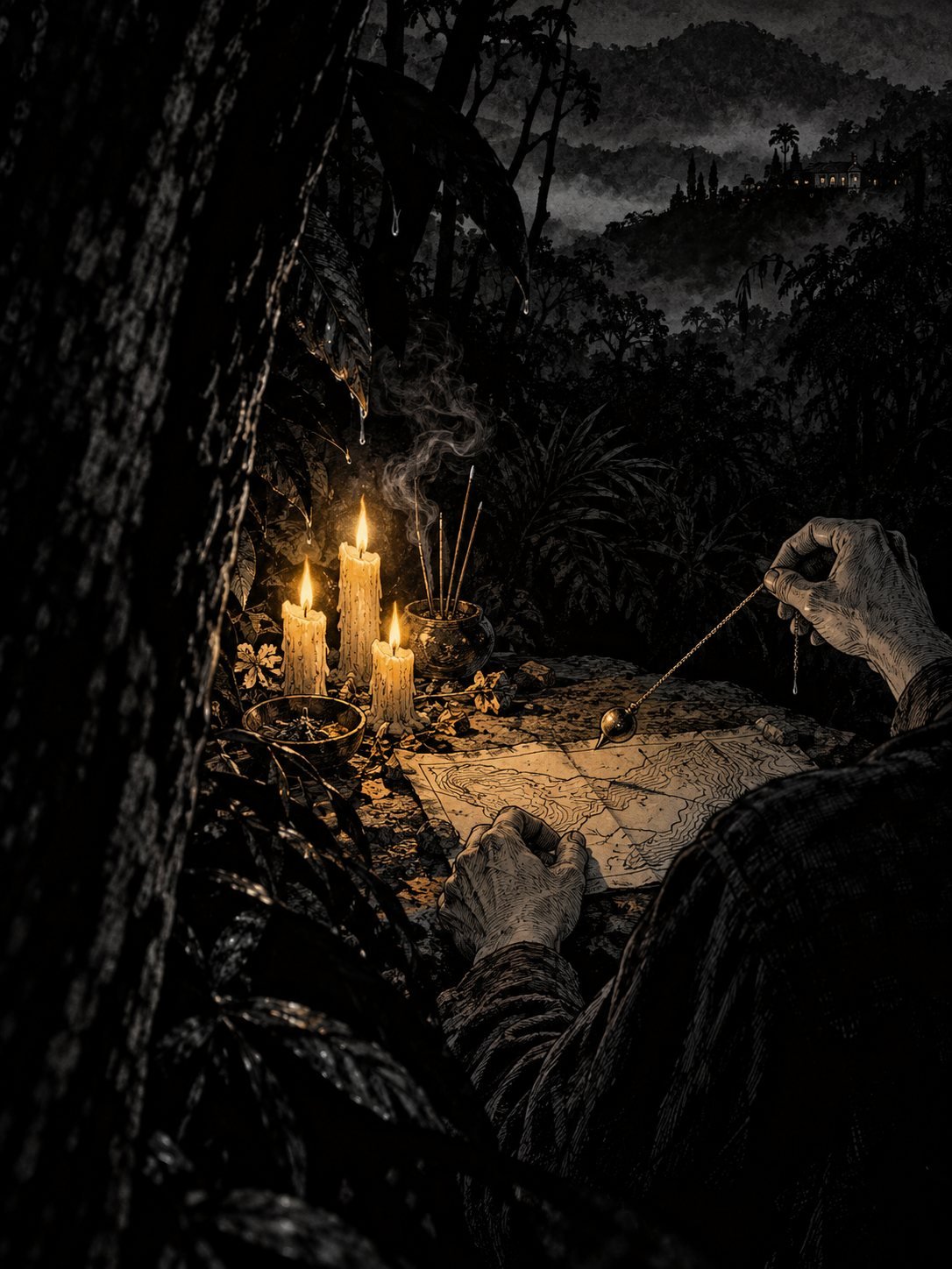 Hands hold a pendulum over a map beside candles and incense in the jungle at night
