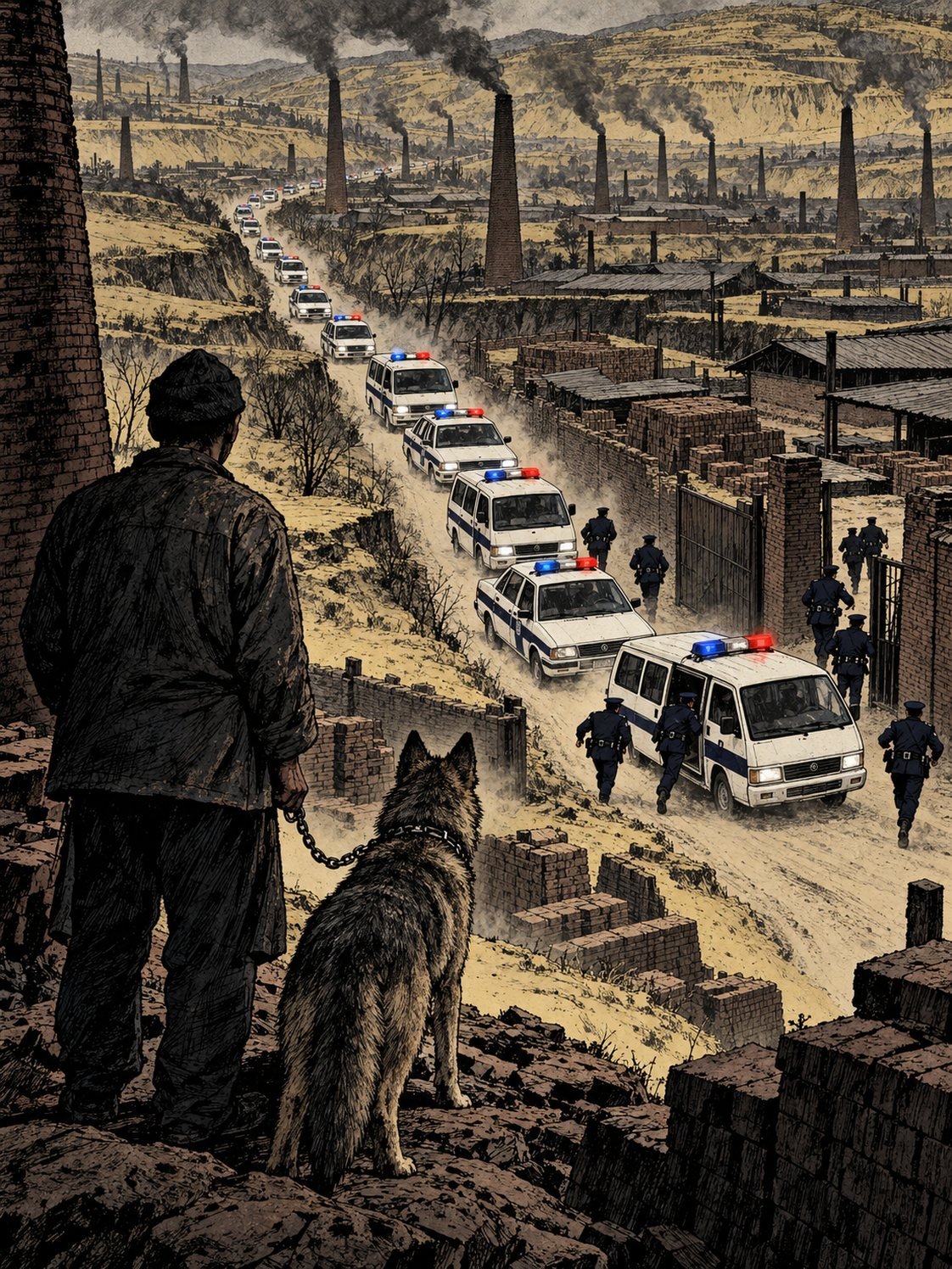 A convoy of white Chinese police vans drives toward the kilns as a guard with a wolfdog watches