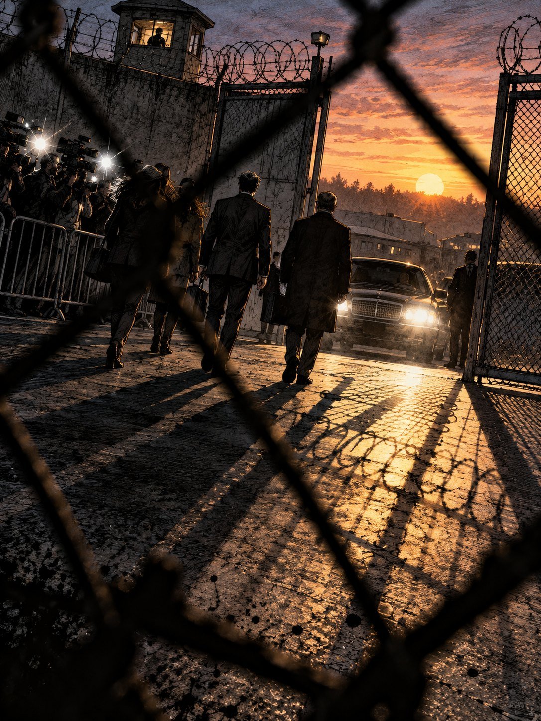 2013, dawn: the gate of a prison opening, a man in a suit seen from behind walking out toward a waiting car, lawyers beside him
