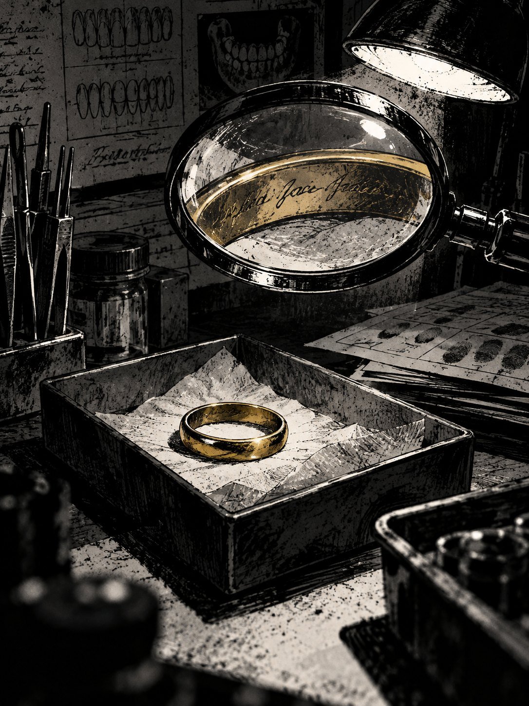 A 1984 forensic lab bench: a gold wedding ring in a small evidence tray, a magnifier above it, dental charts blurred in the background