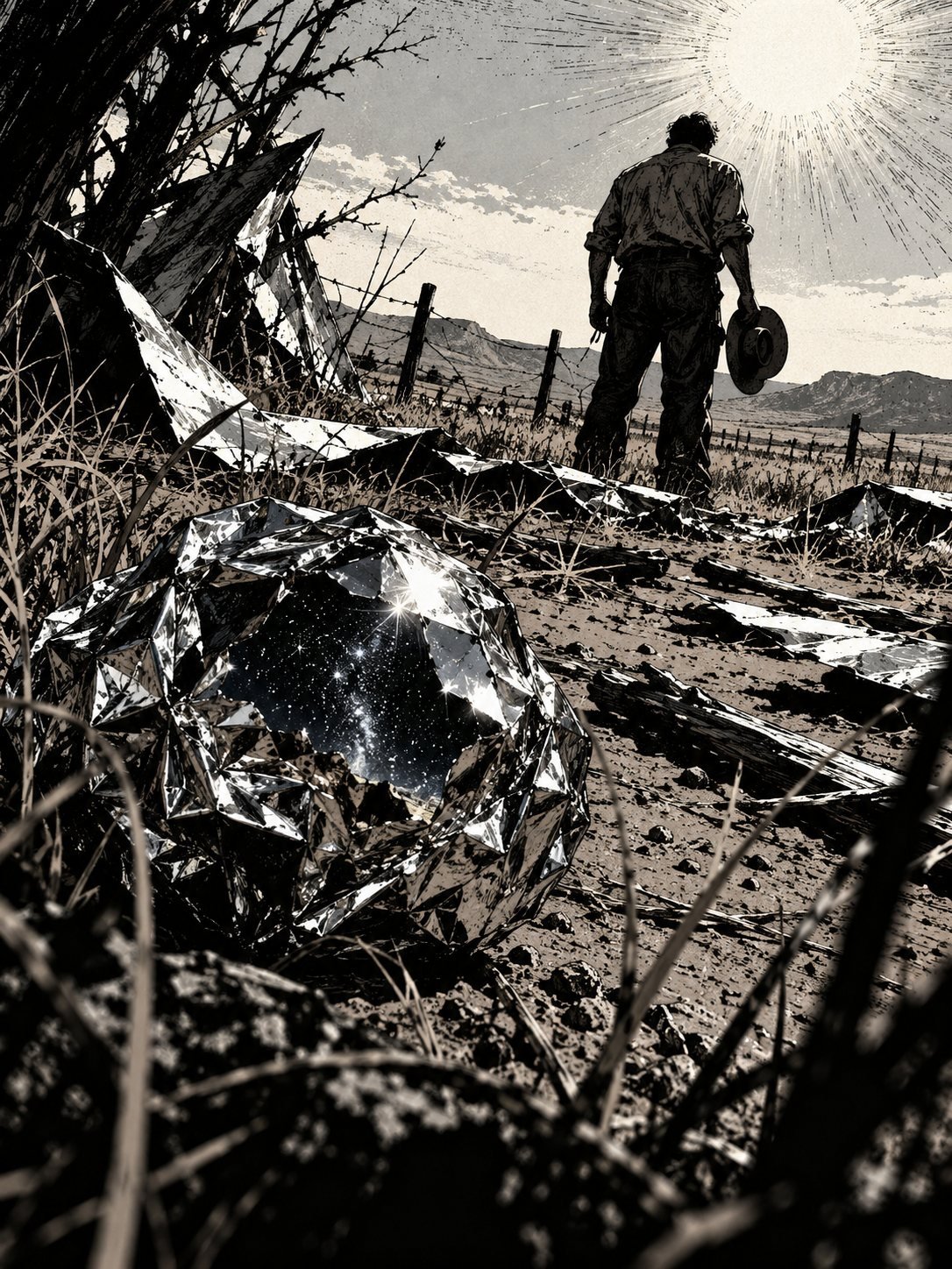 July 1947: a flat New Mexico ranch at noon, scattered pieces of shiny foil-like debris, sticks and torn material spread across the dry ground, a rancher seen from behind with his h