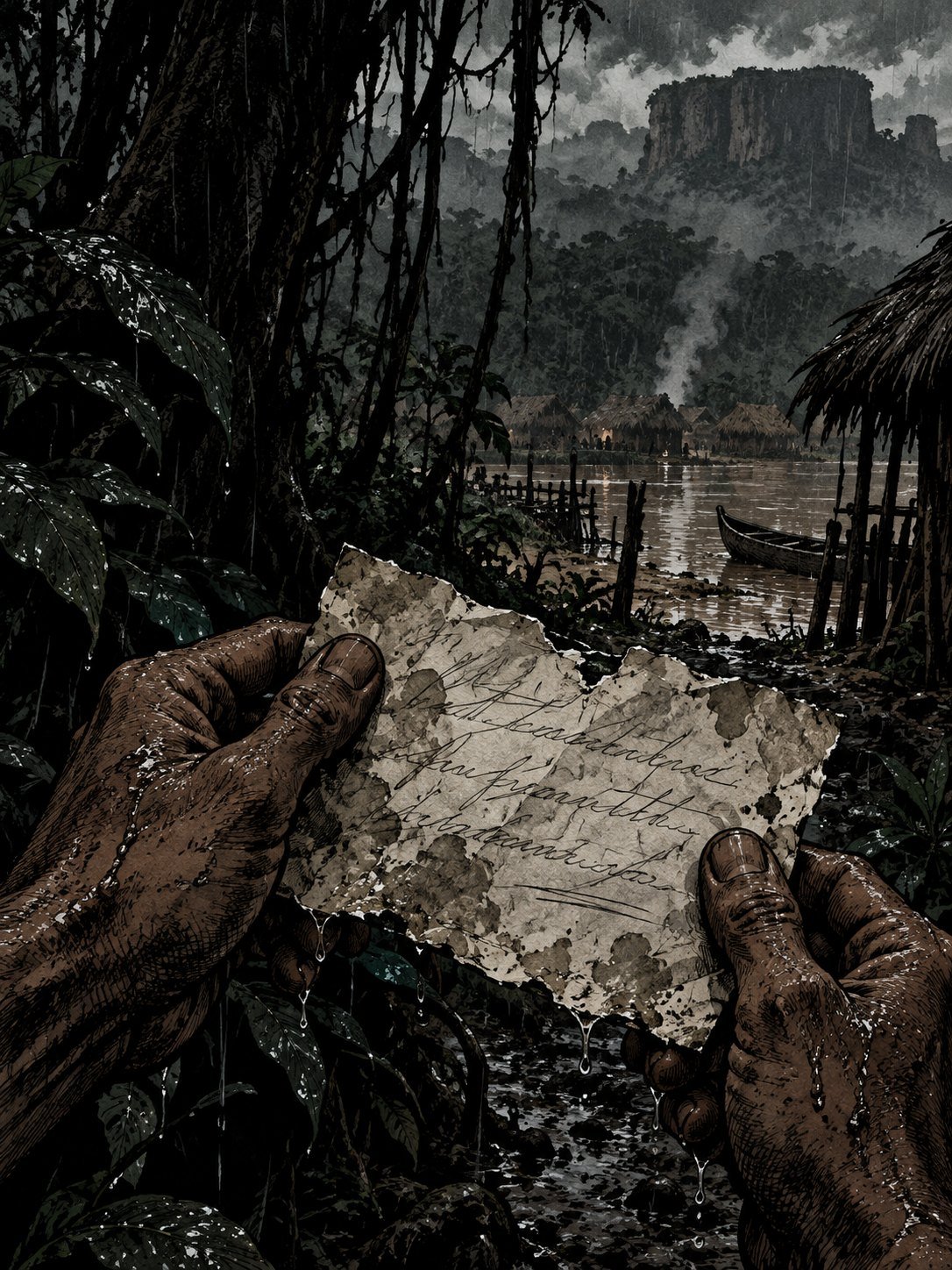 Wet hands holding out a rain-stained handwritten note at the edge of a jungle village