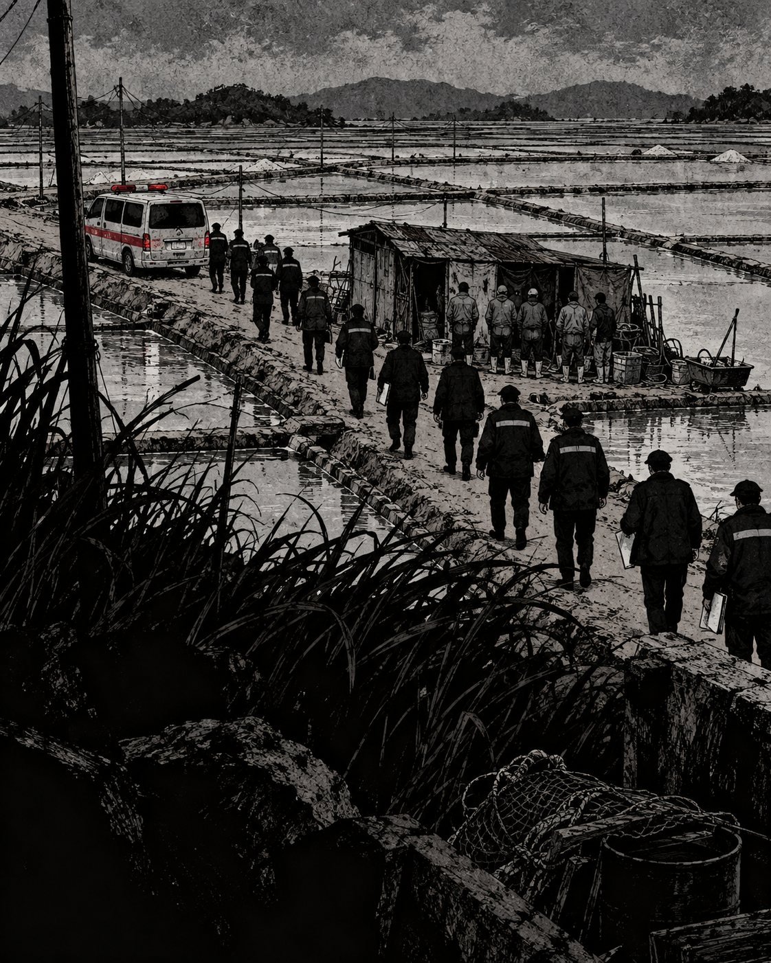 A line of police and inspectors walks along a salt pan dike toward waiting workers