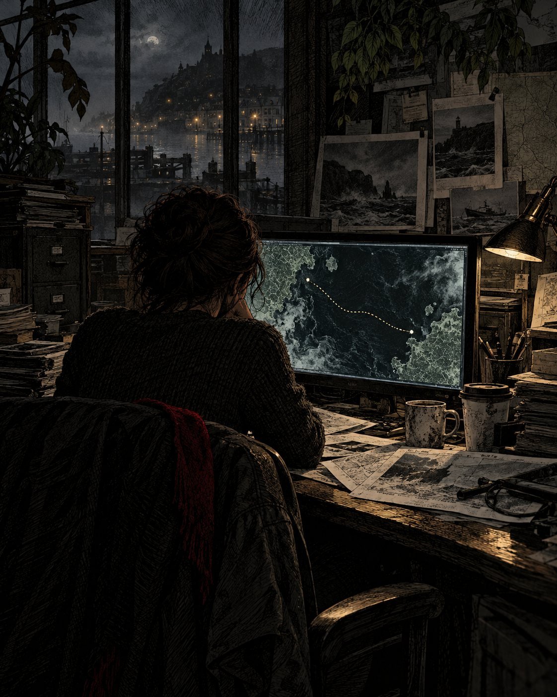 A reporter at a desk late at night studies a monitor showing a ship's route across a dark sea