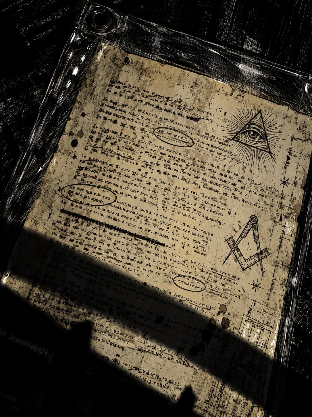 Close-up of a typed note in a plastic sleeve with circled words, an all-seeing eye and a square and compass in the margin