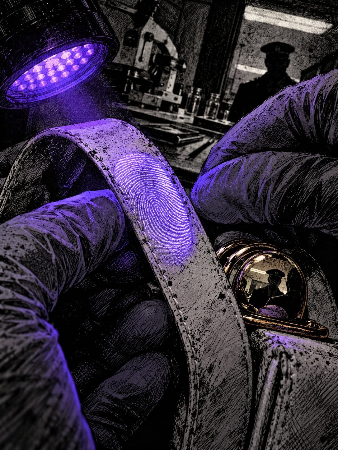 In a modern crime lab, gloved hands hold the thin white strap of a small white child's first-communion purse under a violet forensic lamp