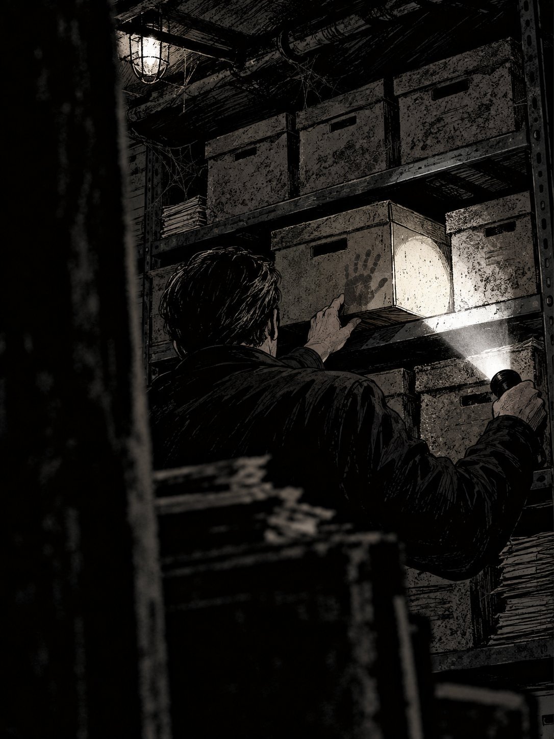 A detective seen from behind pulling an old evidence box from a basement shelf by flashlight