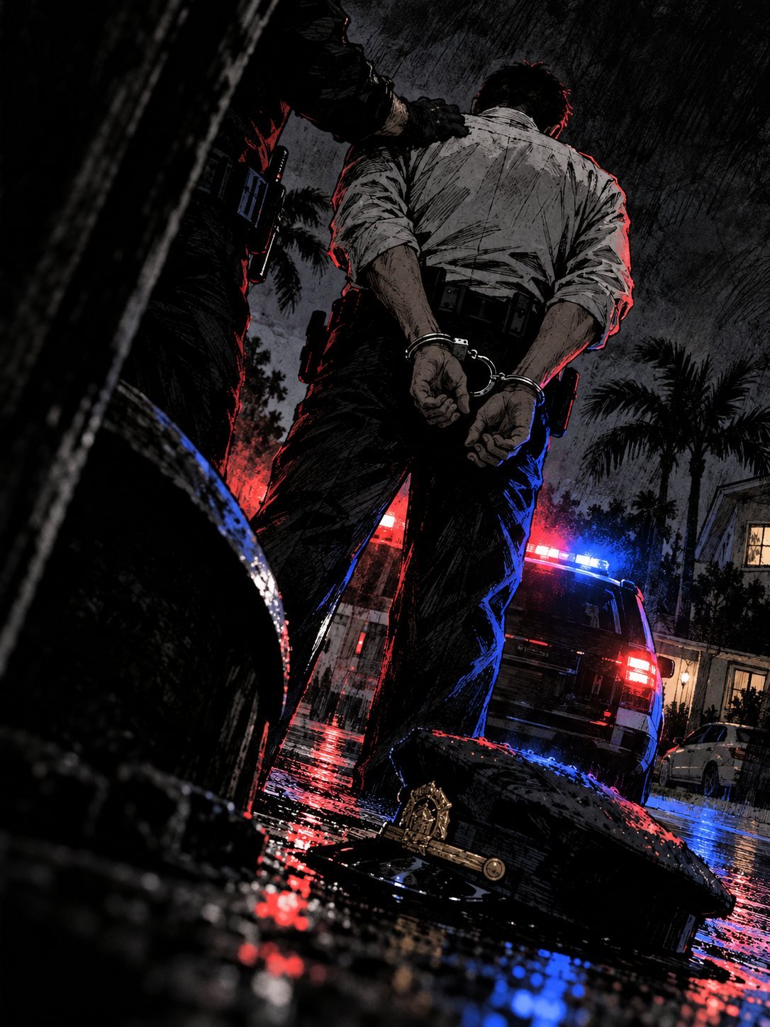 A man is handcuffed in the rain at night as a police cap lies face-down on the wet pavement