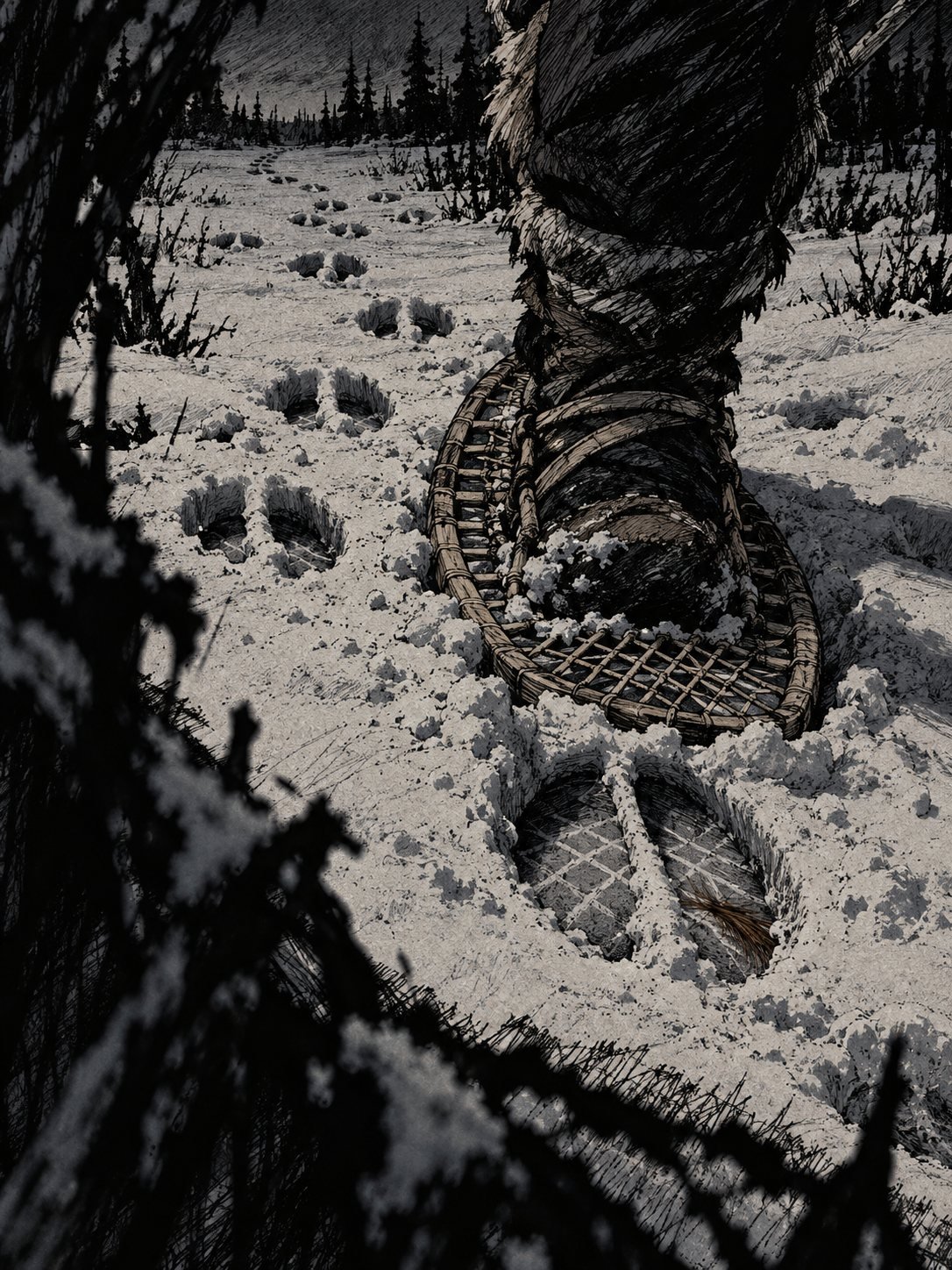 A snowshoe steps into a caribou hoofprint on a trampled winter trail
