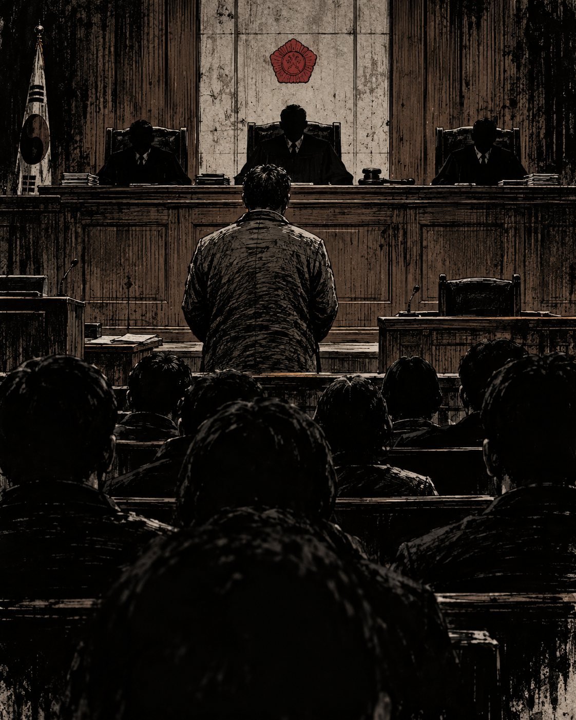 A defendant stands before three judges in a Korean courtroom, seen from the public gallery
