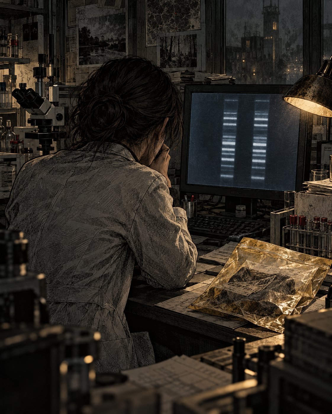 A forensic analyst covers her mouth in shock in front of a monitor showing matching DNA bands