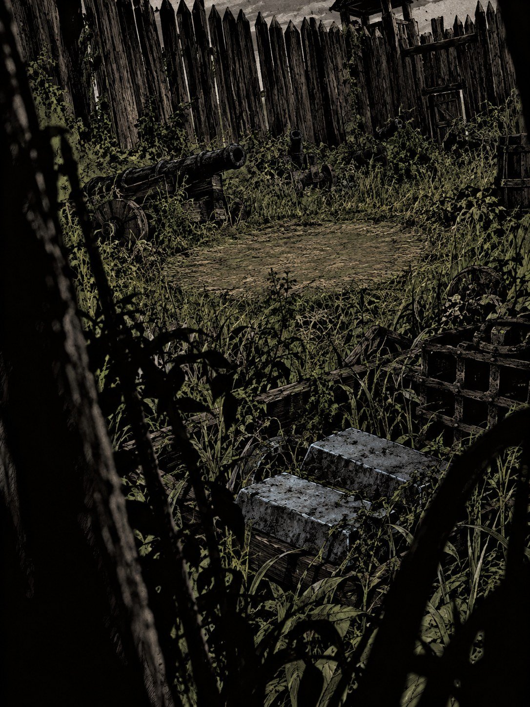 Inside an empty palisade: long grass, two lead ingots and small iron cannons half swallowed by weeds