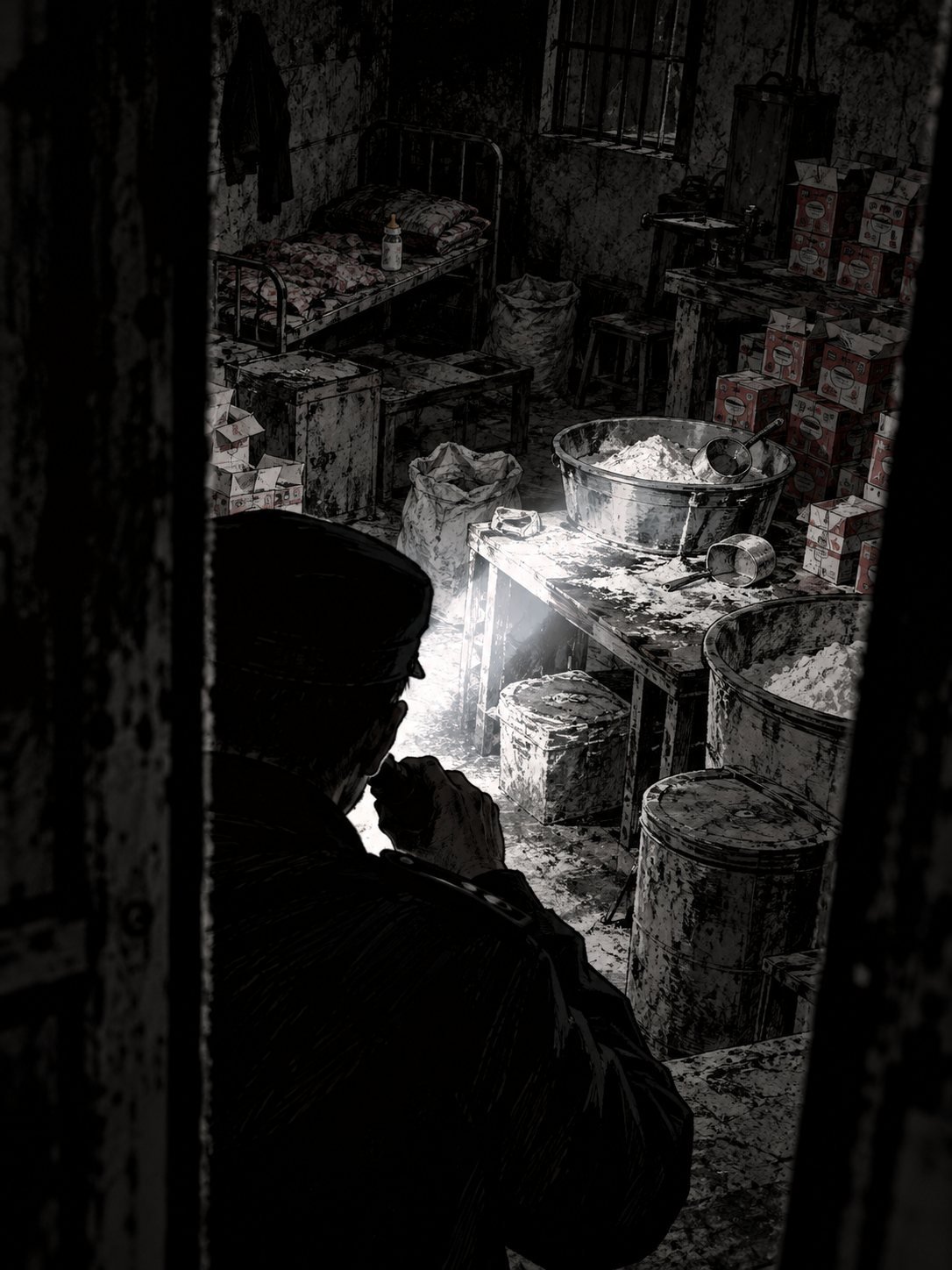 An inspector looks into an empty, filthy workshop full of powder tubs and boxes, a baby bottle on a cot