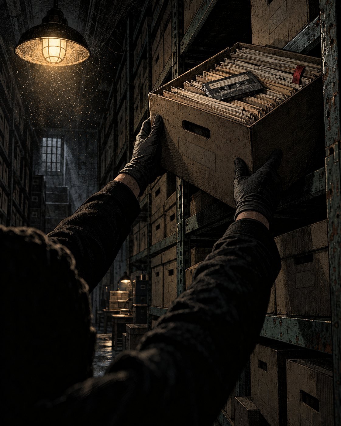 Gloved hands slide a box of files with a cassette tape on top onto a high shelf in an evidence room