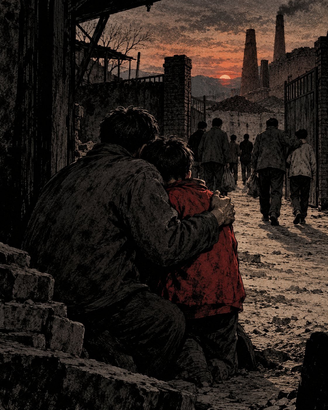 A father kneels and holds his son at a kiln gate at sunset as other families walk out