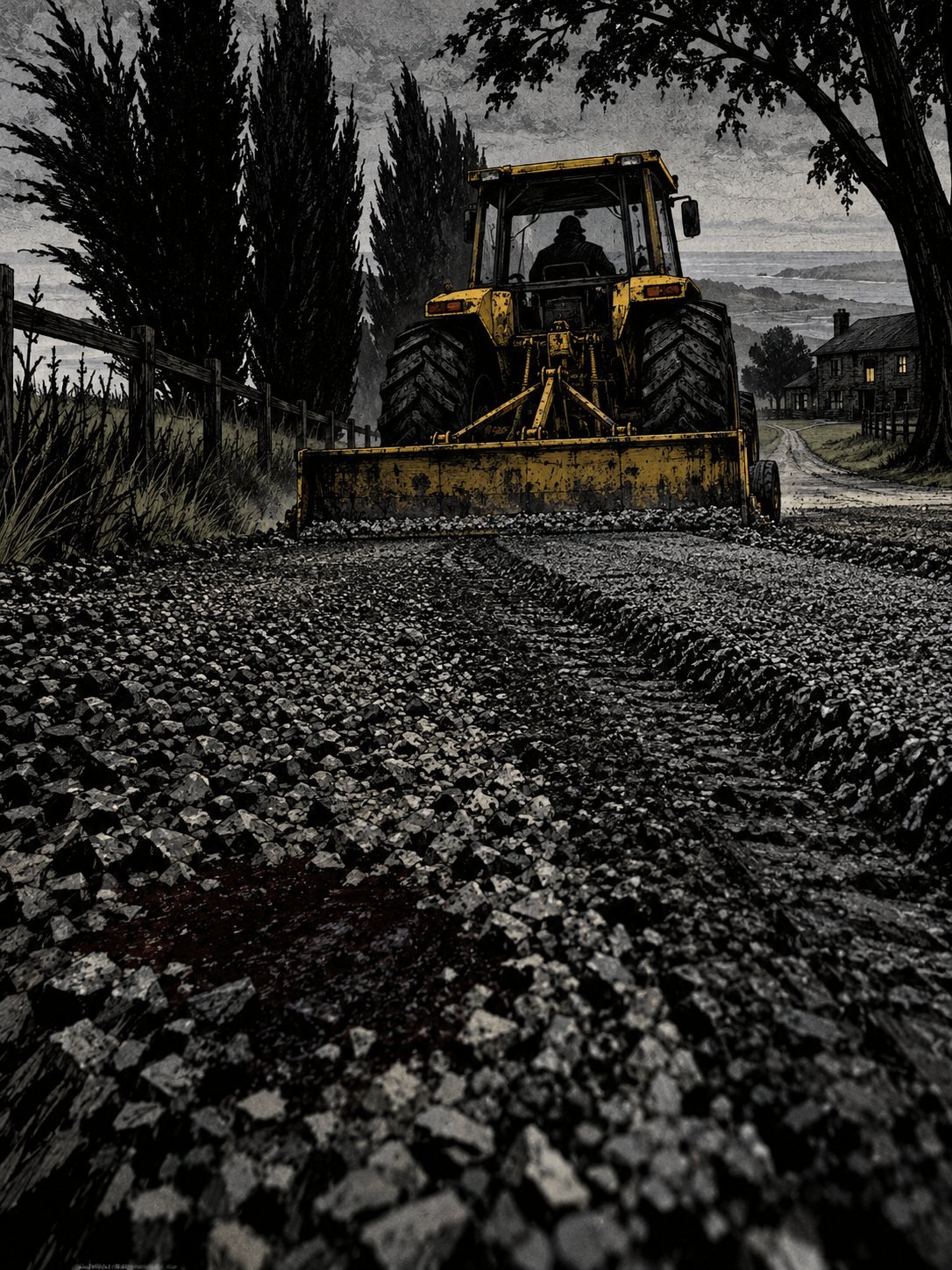 A tractor's grading blade bearing straight down on the camera, gravel spraying, the driver a black silhouette