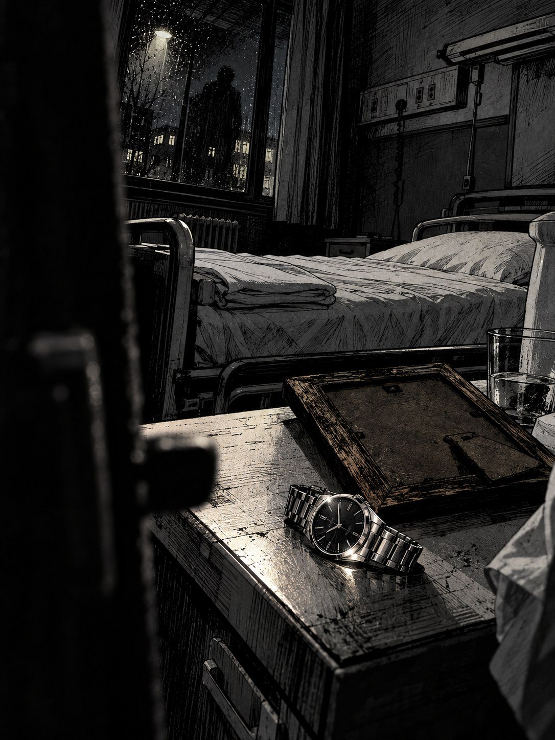 An empty hospital bed, a face-down photo frame and a wristwatch on the bedside table