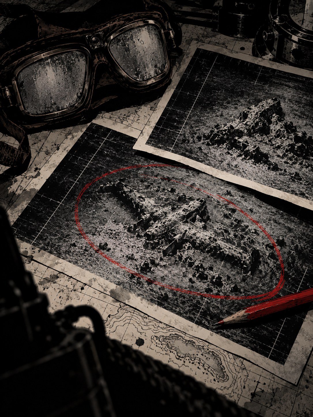 A sonar printout on a chart table showing a shape on the sea floor that looks like a plane, with a red pencil circle around it. A second printout lies half over it, the same shape