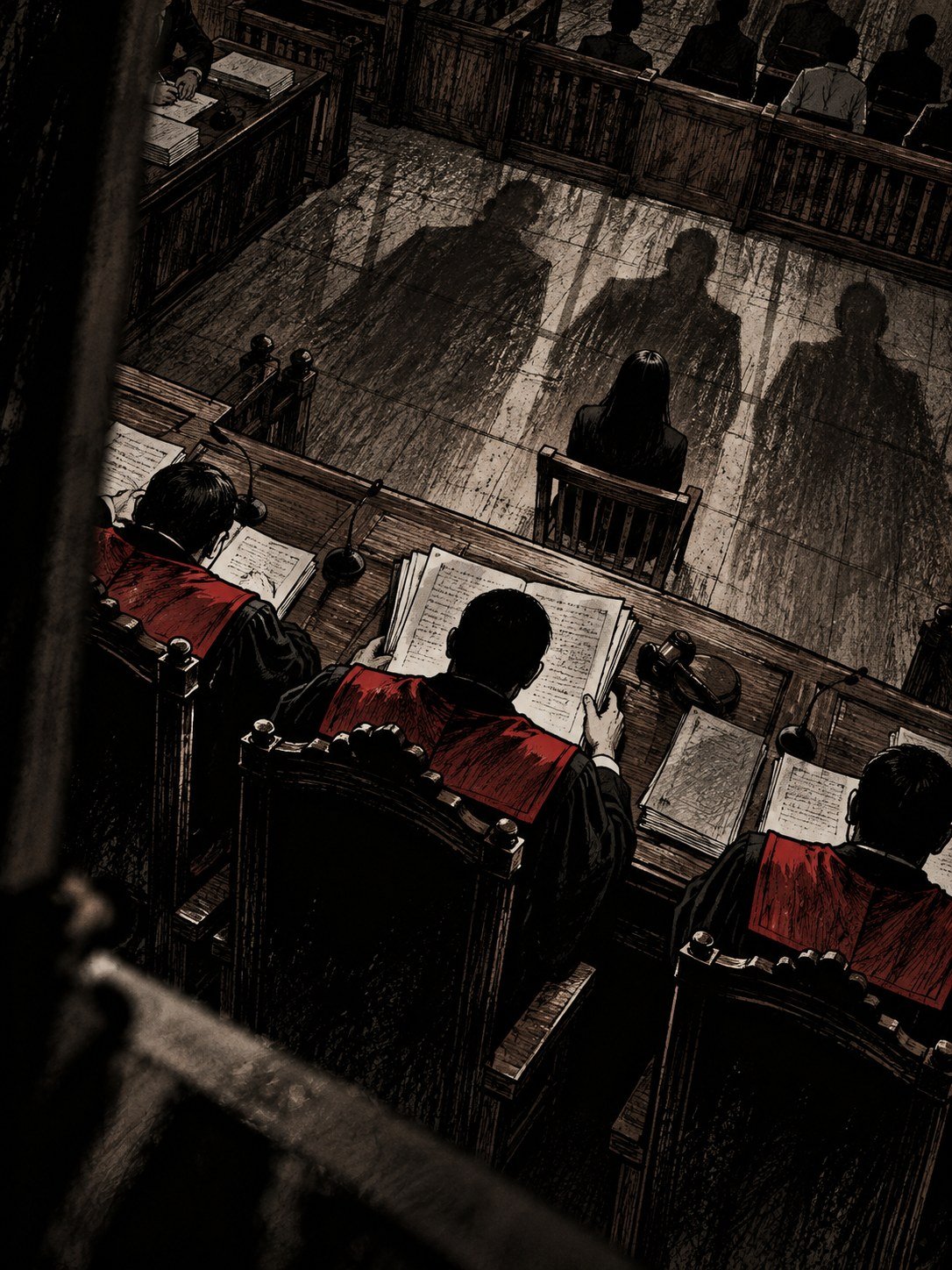 Three judges seen from behind reading a thick verdict, a woman alone at the defendant's seat