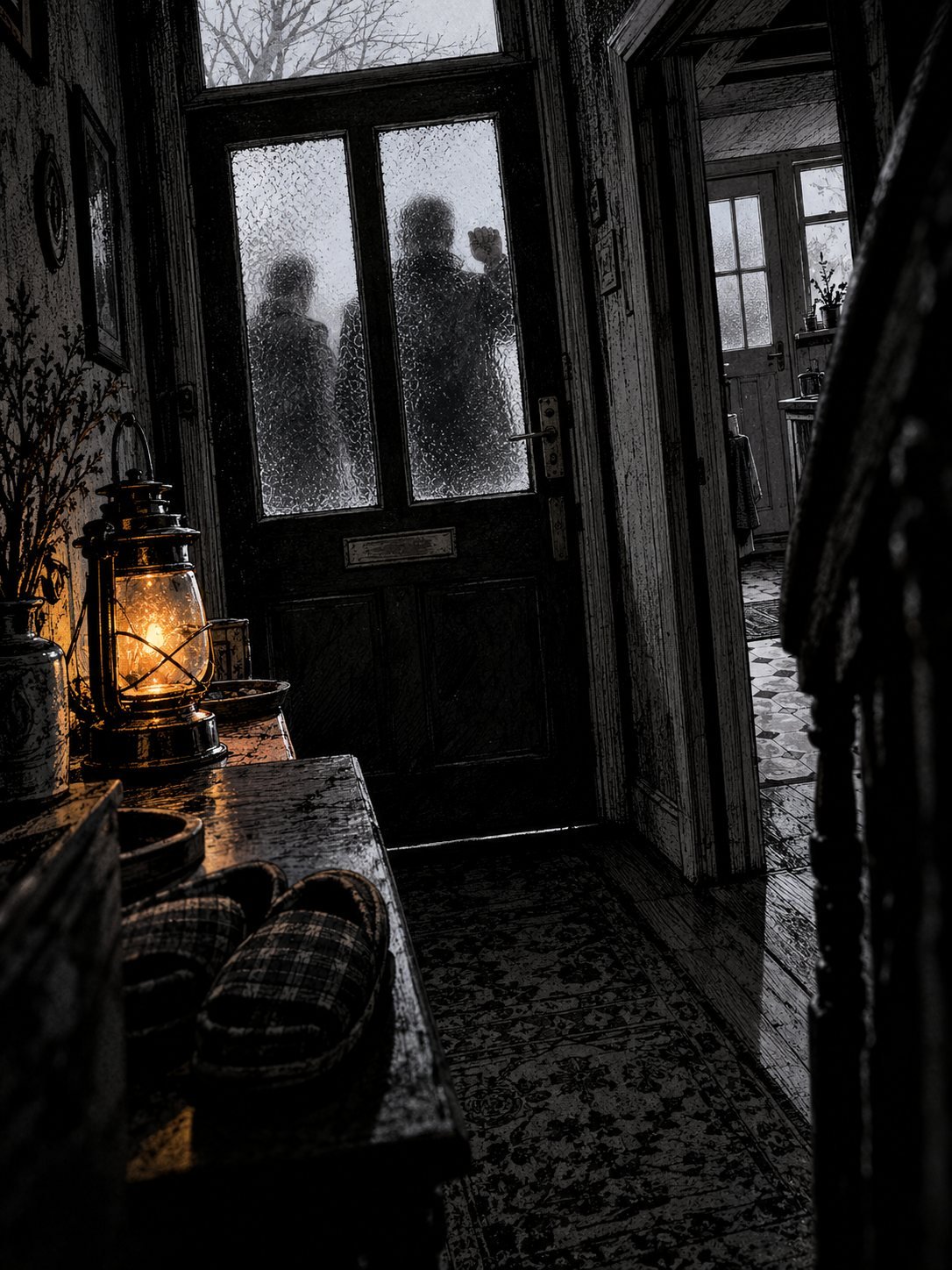 November 2024, dawn. From inside a small Suffolk bungalow hallway: two dark shapes of plain-clothes officers blurred through the frosted glass of the front door, one hand raised to