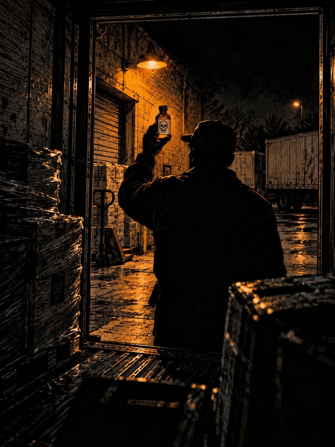 Night at a supermarket loading dock, a lone dock worker in silhouette under a single orange bulb, holding a small brown glass bottle up to the light