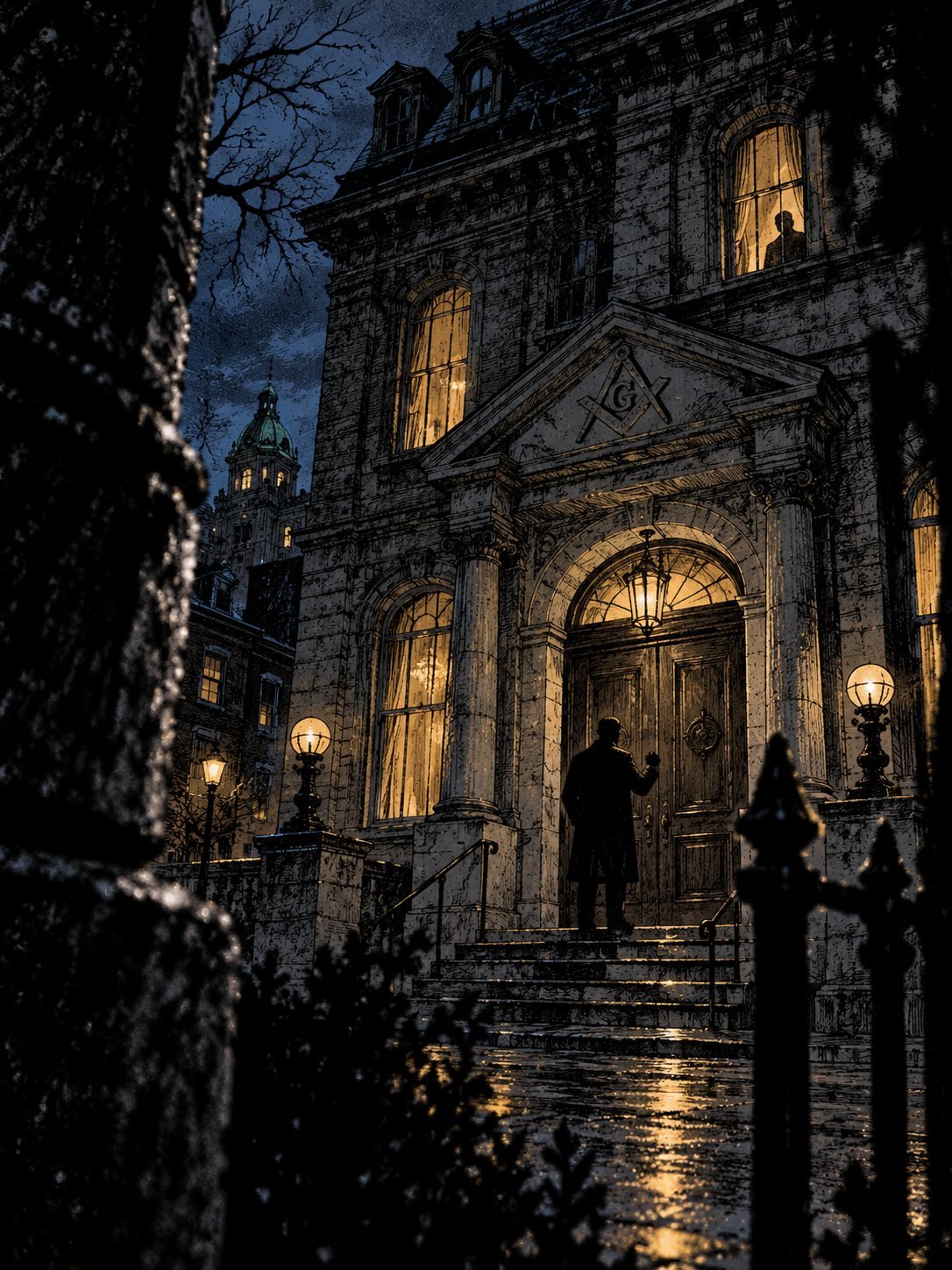 A man in a long coat raises his hand to knock at the door of a grand stone Masonic lodge as someone watches from a window